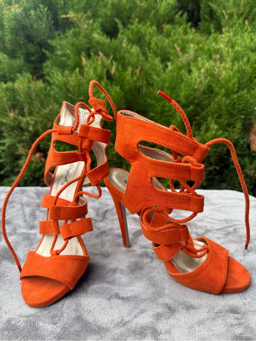 Women's Orange Suede Lace-Up High Heel Sandals